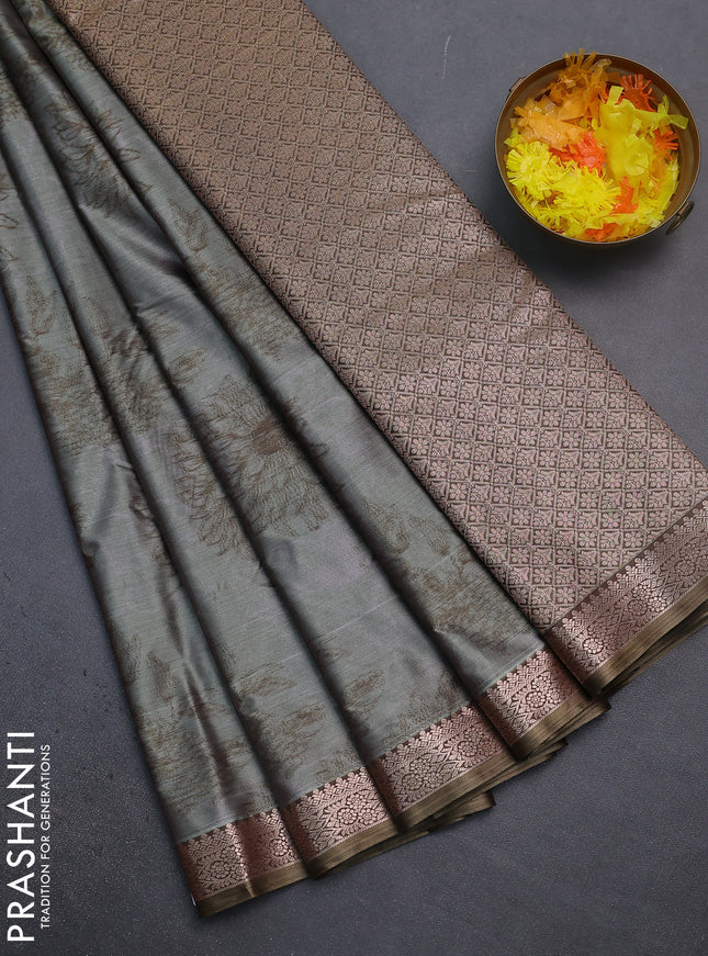 Bangalori semi silk saree greyish green and dark sap green with allover ikat weaves and zari woven border