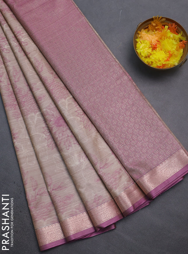 Bangalori semi silk saree beige and mauve pink with allover ikat weaves and zari woven border
