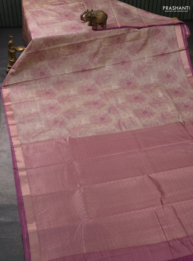 Bangalori semi silk saree beige and mauve pink with allover ikat weaves and zari woven border