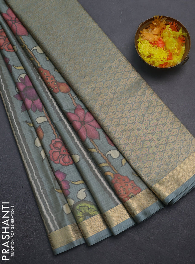 Bangalori semi silk saree grey shade with allover ikat weaves and zari woven border