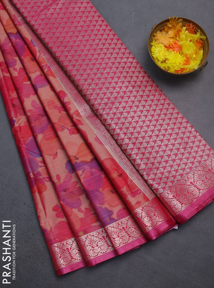 Bangalori semi silk saree orange and pink with allover ikat weaves and zari woven border