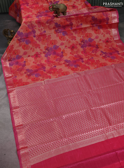 Bangalori semi silk saree orange and pink with allover ikat weaves and zari woven border