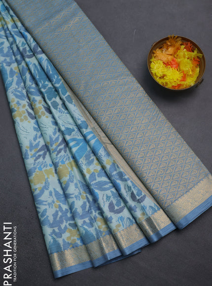 Bangalori semi silk saree pastel blue with allover ikat weaves and zari woven border