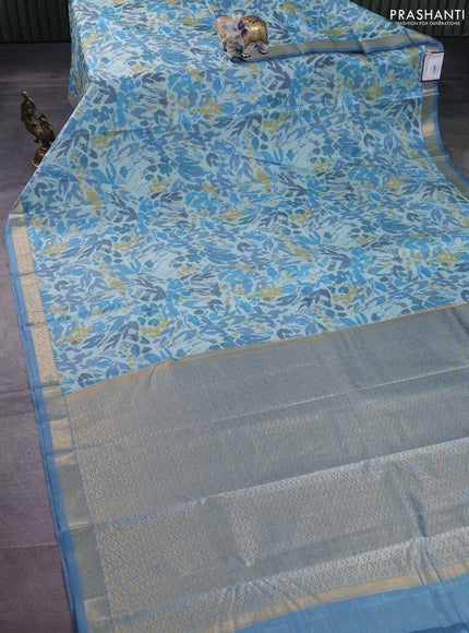Bangalori semi silk saree pastel blue with allover ikat weaves and zari woven border