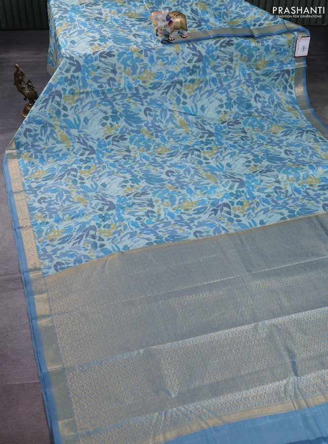 Bangalori semi silk saree pastel blue with allover ikat weaves and zari woven border