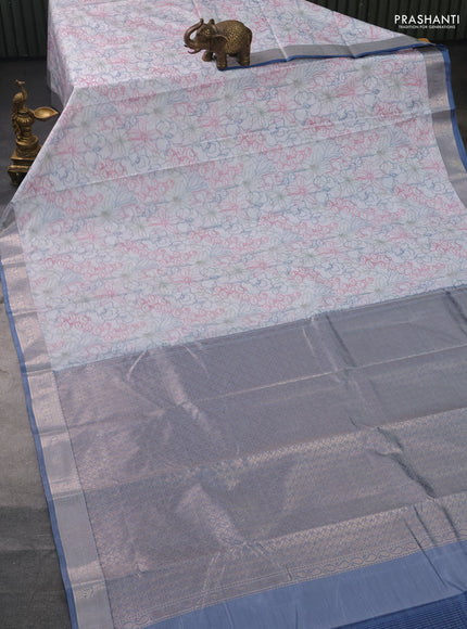 Bangalori semi silk saree off white and blue with allover ikat weaves and zari woven border