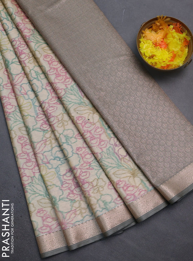 Bangalori semi silk saree cream and grey with floral design ikat weaves and zari woven border