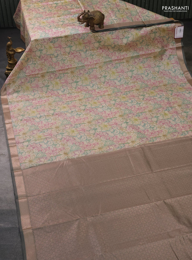 Bangalori semi silk saree cream and grey with floral design ikat weaves and zari woven border
