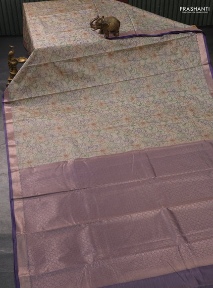 Bangalori semi silk saree beige and violet with allover ikat weaves and zari woven border