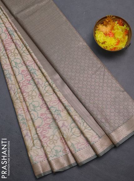 Bangalori semi silk saree cream with allover ikat weaves and zari woven border