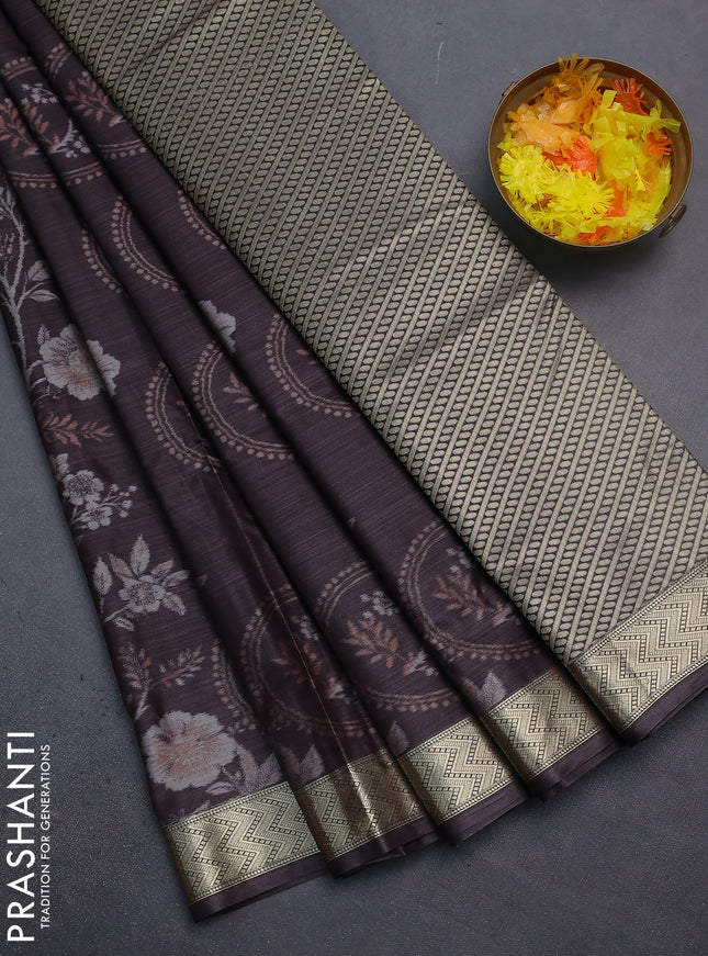 Bangalori semi silk saree dark brown with allover ikat weaves and zari woven border