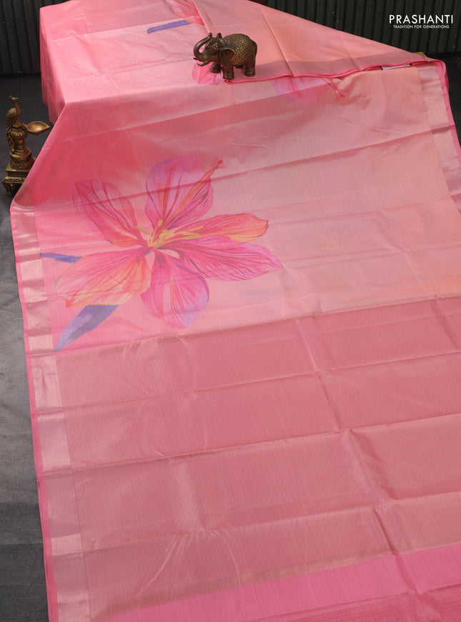Bangalori semi silk saree peach pink with allover ikat weaves and zari woven border