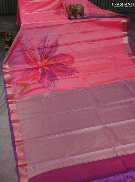 Bangalori semi silk saree peach pink and pink with allover ikat weaves and zari woven border