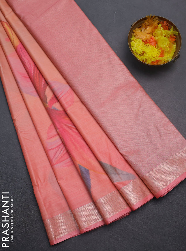 Bangalori semi silk saree peach orange with allover ikat weaves and zari woven border
