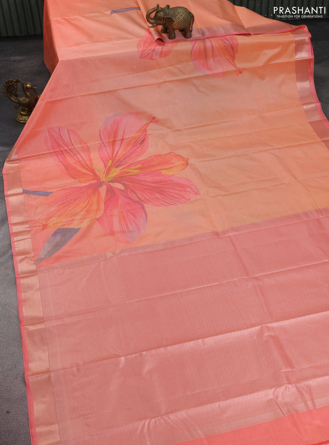 Bangalori semi silk saree peach orange with allover ikat weaves and zari woven border