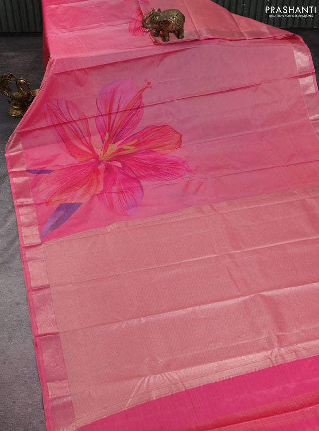 Bangalori semi silk saree peach pink with allover ikat weaves and zari woven border