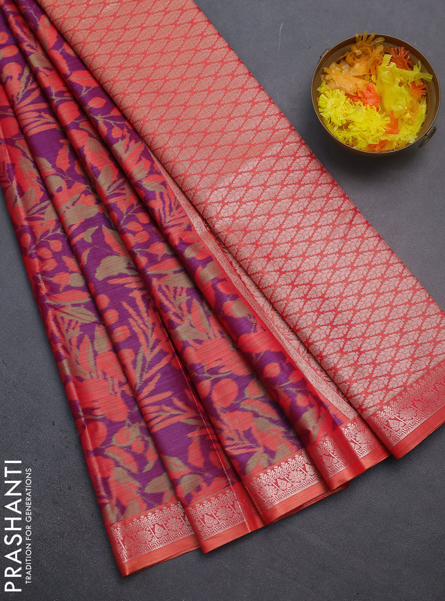 Bangalori semi silk saree orange and purple with allover ikat weaves and zari woven border