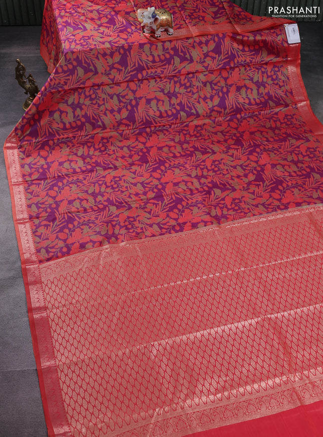 Bangalori semi silk saree orange and purple with allover ikat weaves and zari woven border