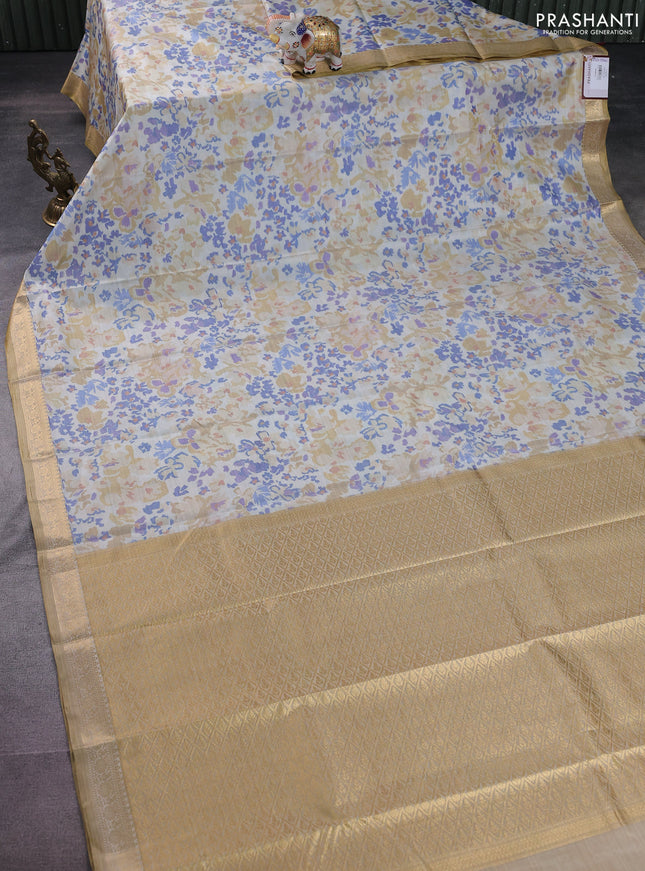 Bangalori semi silk saree cream and mustard shade with allover ikat weaves and zari woven border