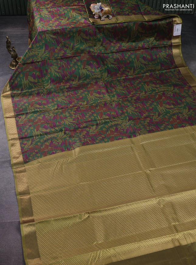 Bangalori semi silk saree green and lime green with allover ikat weaves and zari woven border