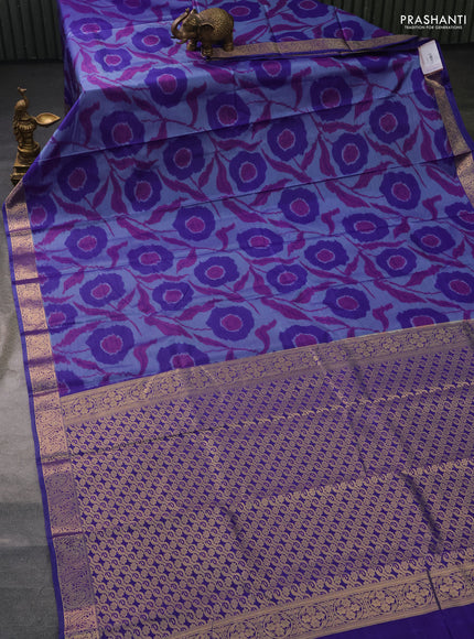 Bangalori semi silk saree pastel blue with floral design ikat weaves and zari woven border