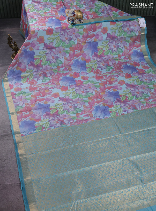 Bangalori semi silk saree teal shade with floral design ikat weaves and zari woven border