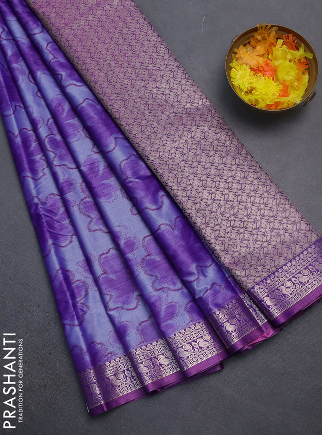 Bangalori semi silk saree bluish grey and purple with allover ikat weaves and zari woven border