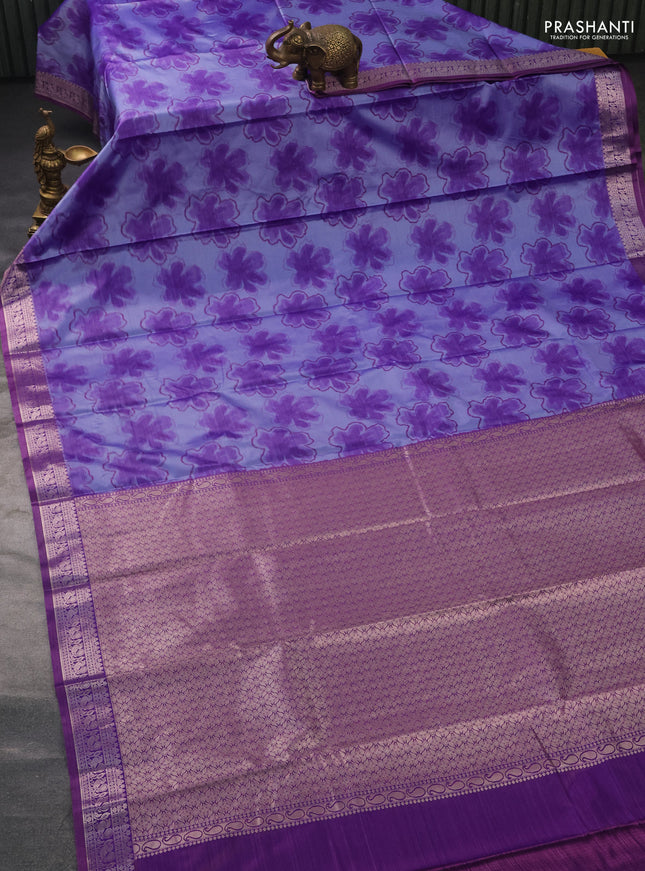 Bangalori semi silk saree bluish grey and purple with allover ikat weaves and zari woven border