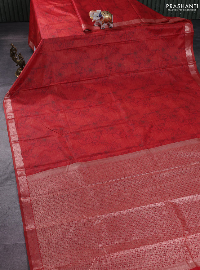 Bangalori semi silk saree red with allover ikat weaves and zari woven border