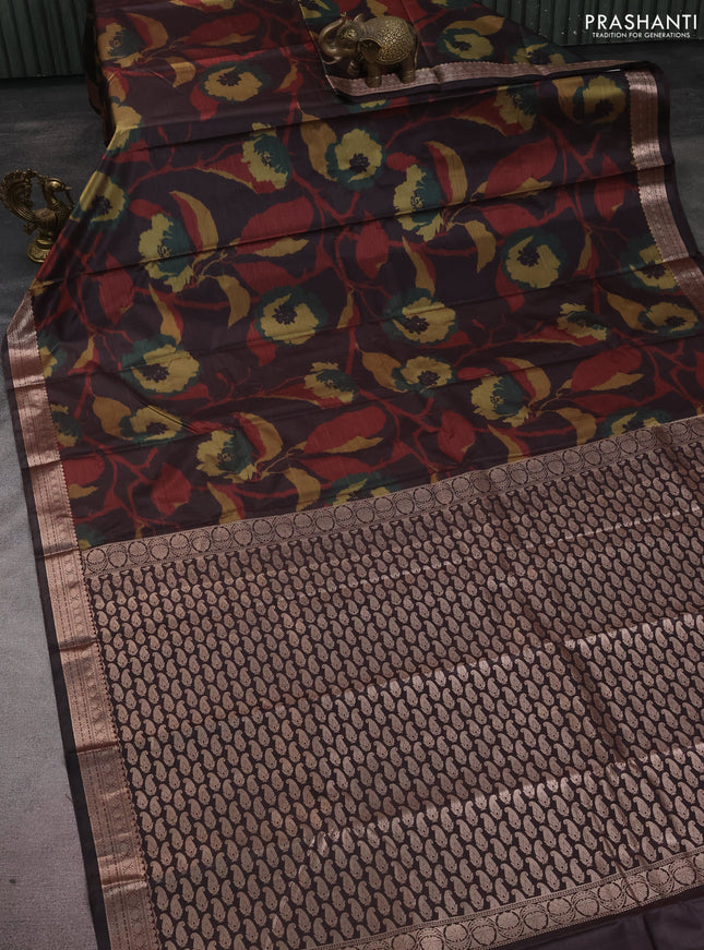 Bangalori semi silk saree coffee brown with allover ikat weaves and zari woven border