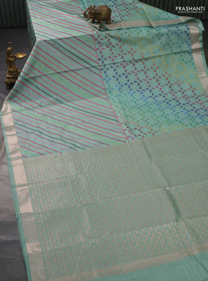 Bangalori semi silk saree pastel green with half & half ikat style and zari woven border