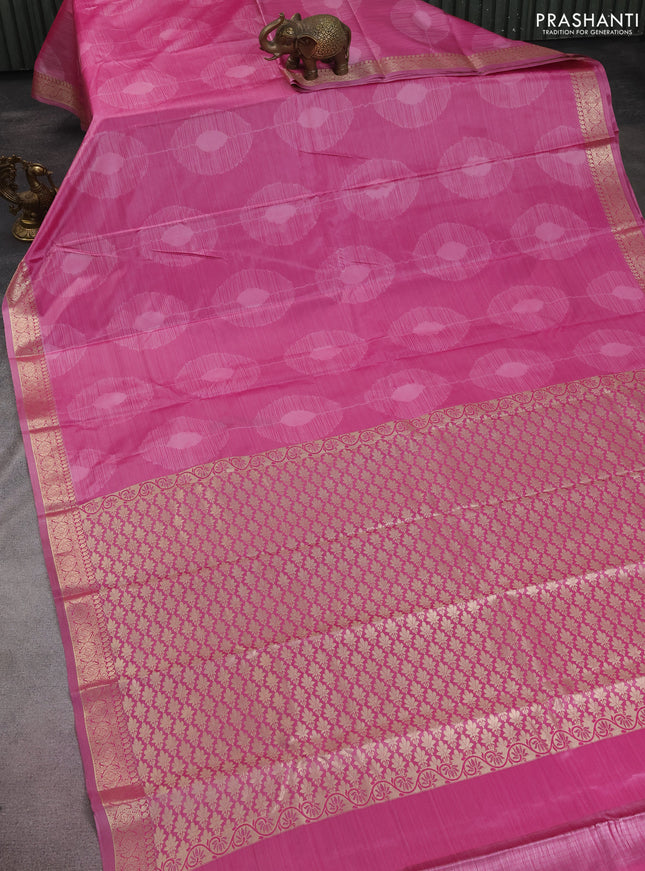 Bangalori semi silk saree light pink with allover ikat weaves and zari woven border