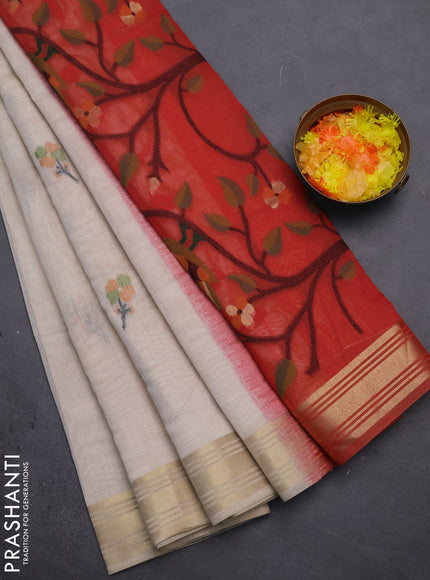 Munga cotton saree cream and red with thread woven floral buttas and thread weaving pallu