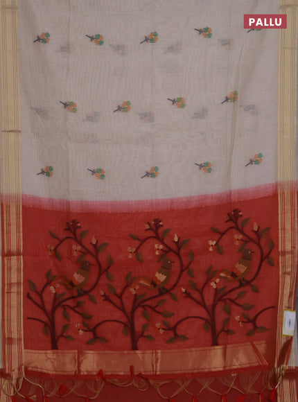 Munga cotton saree cream and red with thread woven floral buttas and thread weaving pallu
