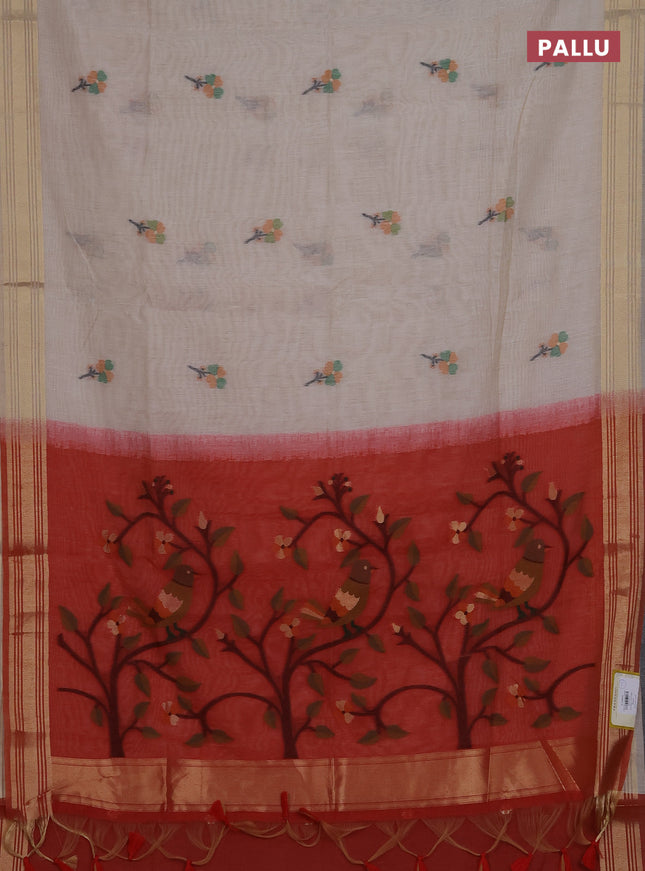 Munga cotton saree cream and red with thread woven floral buttas and thread weaving pallu