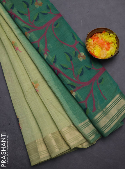 Munga cotton saree pista green and green with thread woven floral buttas and thread weaving pallu