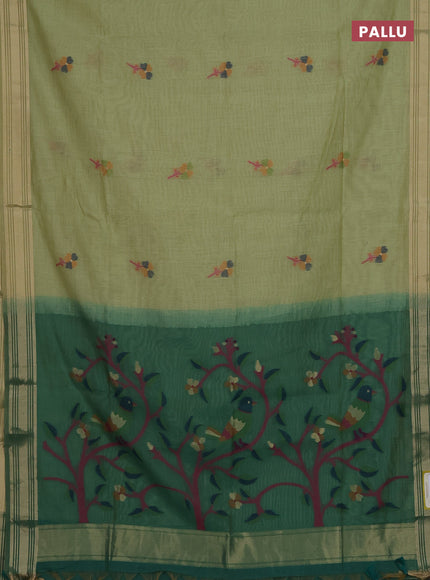 Munga cotton saree pista green and green with thread woven floral buttas and thread weaving pallu