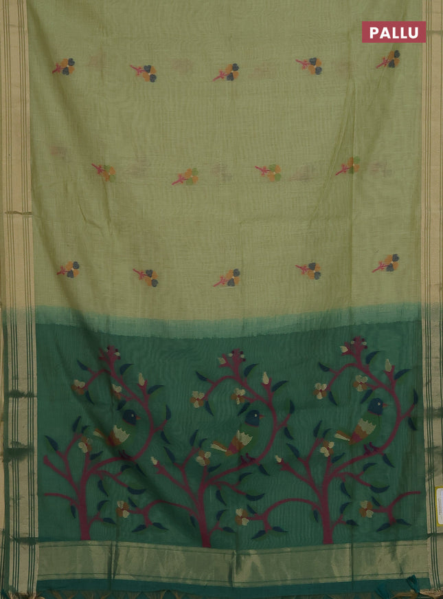 Munga cotton saree pista green and green with thread woven floral buttas and thread weaving pallu
