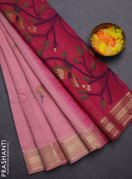 Munga cotton saree pastel pink and magenta pink with thread woven floral buttas and thread weaving pallu