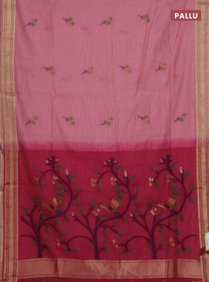 Munga cotton saree pastel pink and magenta pink with thread woven floral buttas and thread weaving pallu