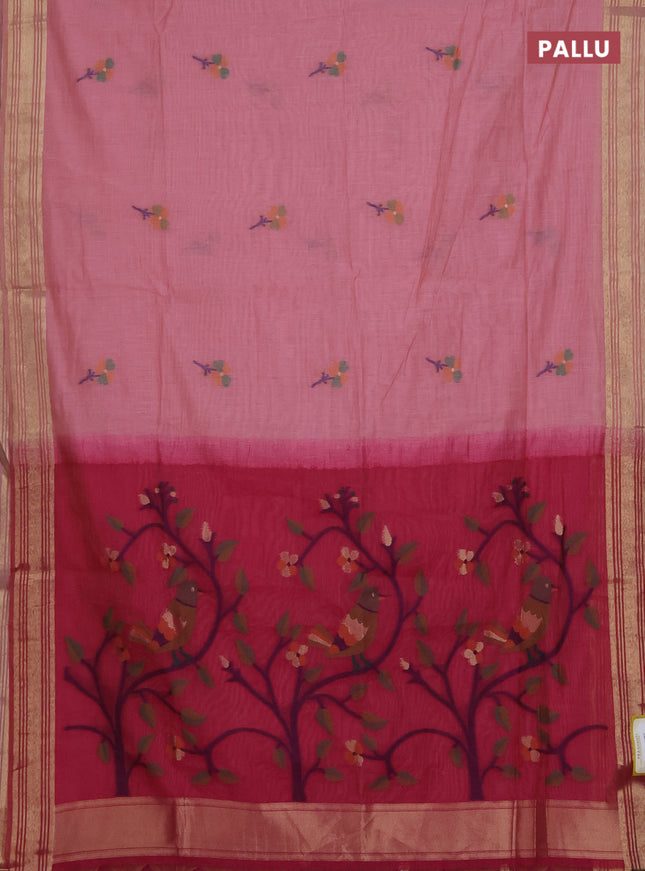 Munga cotton saree pastel pink and magenta pink with thread woven floral buttas and thread weaving pallu