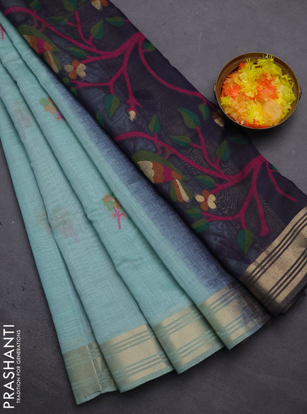 Munga cotton saree teal blue and navy blue with thread woven floral buttas and thread weaving pallu