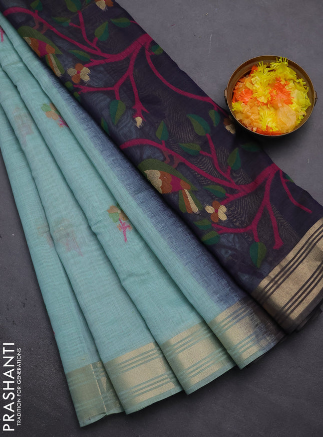 Munga cotton saree teal blue and navy blue with thread woven floral buttas and thread weaving pallu