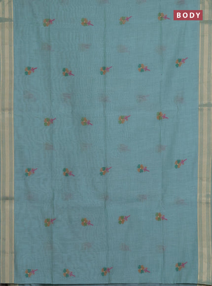 Munga cotton saree teal blue and navy blue with thread woven floral buttas and thread weaving pallu