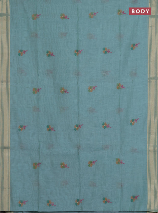 Munga cotton saree teal blue and navy blue with thread woven floral buttas and thread weaving pallu