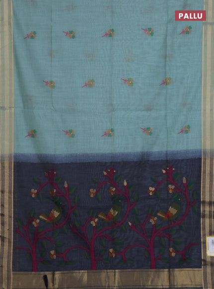 Munga cotton saree teal blue and navy blue with thread woven floral buttas and thread weaving pallu
