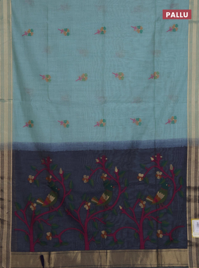 Munga cotton saree teal blue and navy blue with thread woven floral buttas and thread weaving pallu