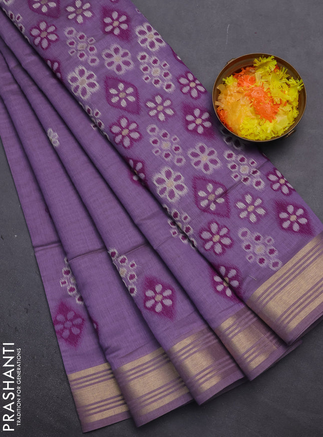 Munga cotton saree lavender with thread woven floral buttas and zari woven border