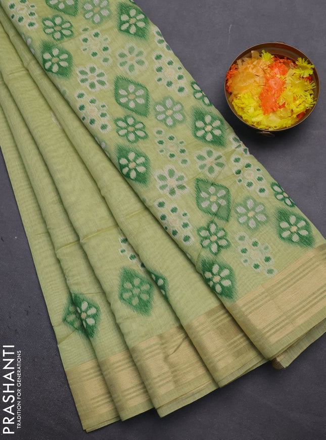 Munga cotton saree light green with thread woven floral buttas and zari woven border