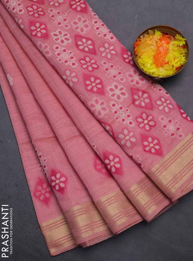 Munga cotton saree pastel pink with thread woven floral buttas and zari woven border